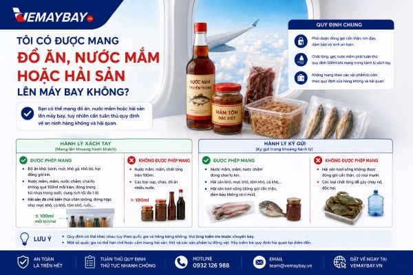 Mang đồ ăn, nước mắm, hải sản lên máy bay được không?