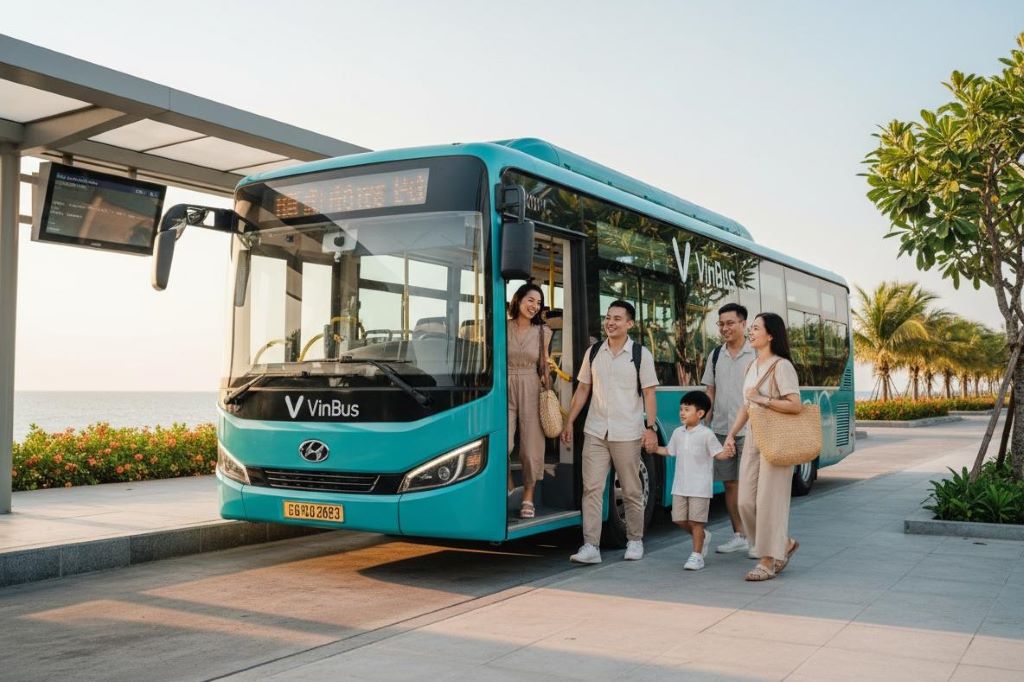 Hệ thống xe buýt điện VinBus di chuyển trên đường phố Phú Quốc