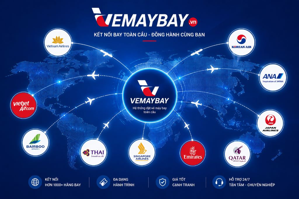 Biểu tượng kết nối mạng lưới bay toàn cầu của Vemaybay.vn với các hãng hàng không