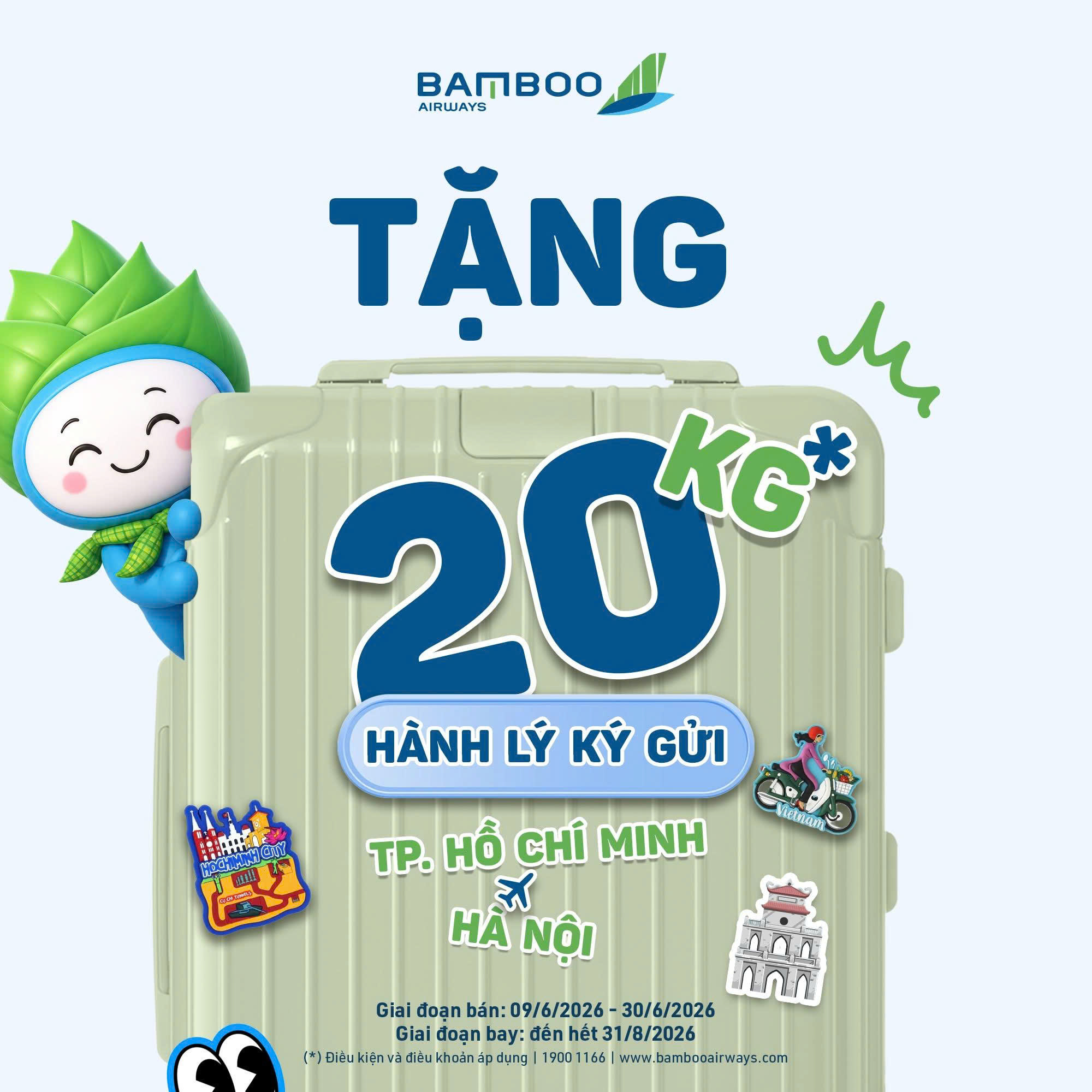 THÊM 20KG HÀNH LÝ KÝ GỬI MIỄN PHÍ KHI BAY HÀ NỘI – TP.HCM CÙNG BAMBOO AIRWAYS