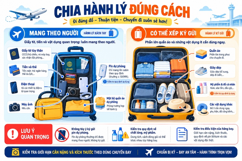phân loại vật dụng giữa hành lý xách tay và vali ký gửi"