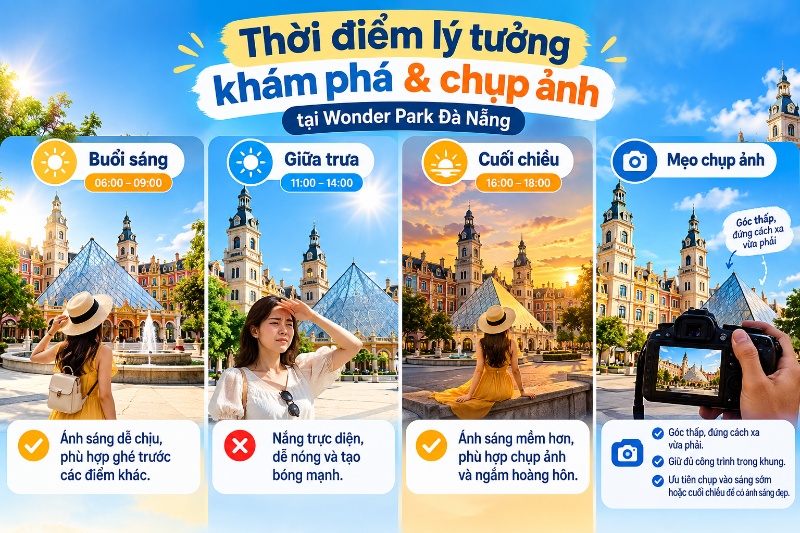 du khách chụp ảnh bên mô hình Wonder Park lúc chiều