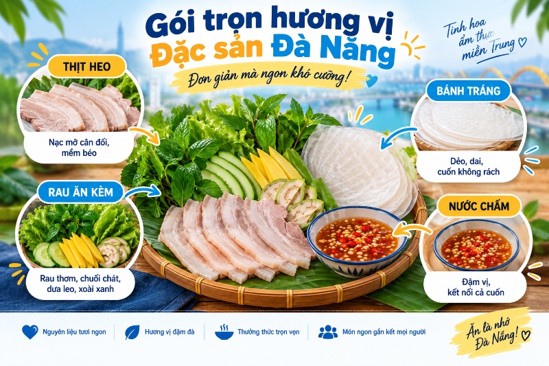 mâm bánh tráng thịt heo Đại Lộc đầy đủ rau và mắm