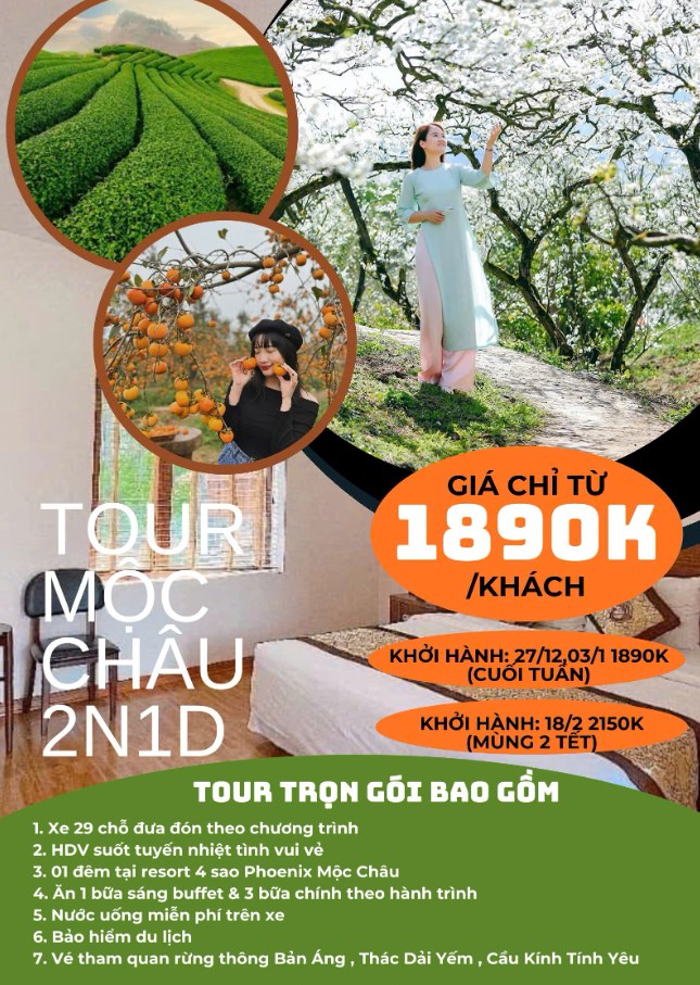 Hoa Mận nở trắng đồi rồi, lên kèo đi Mộc Châu thôi. 𝐓𝐎𝐔𝐑 𝐌𝐎̣̂𝐂 𝐂𝐇𝐀̂𝐔 𝟐𝐍𝟏𝐃 trọn gói chất lượng cao,, ngủ tại tại resort 4 sao Phoenix Mộc Châu